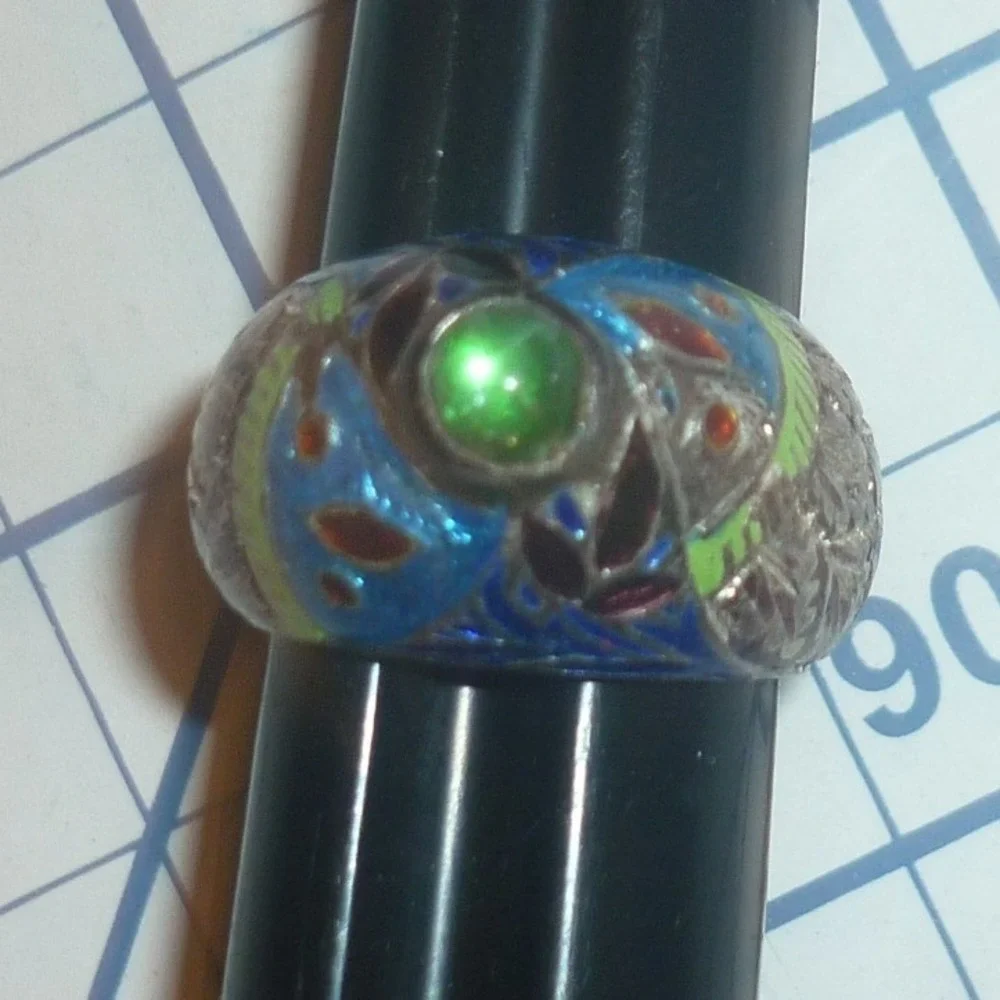 Vintage Chinese Export Cloisonne Enamel Silver Ring Green Cabochon Size 6.25
